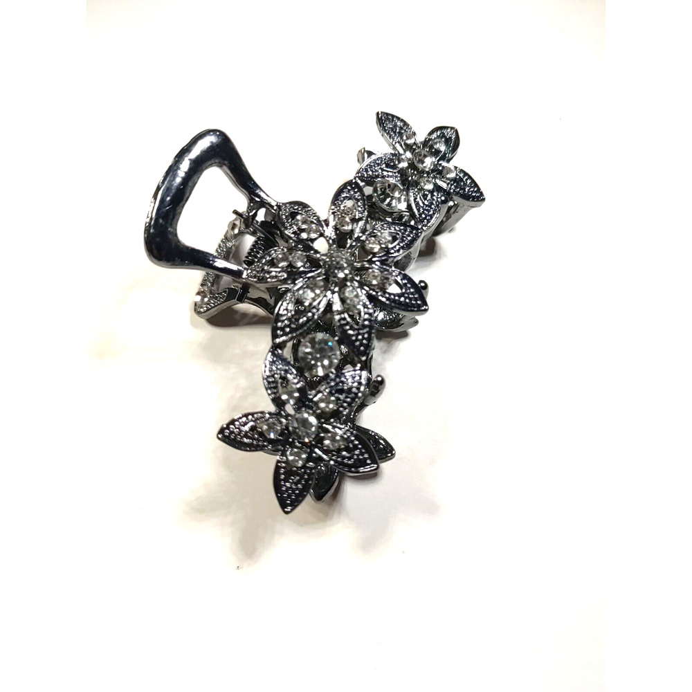 Pony Tail Holder Clip Rhinestone Black Silver Tone Flower Party Bling 3" Long